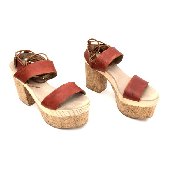 Free People Shoes - Free People Cognac Leather Cork Platform Sandals
